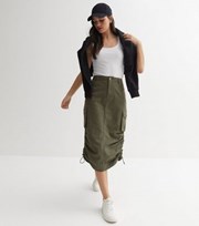 New Look Khaki Denim Ruched Utility Midi Skirt